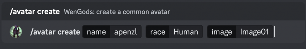 Wen Gods screenshot from Discord showing the creation of a new game character